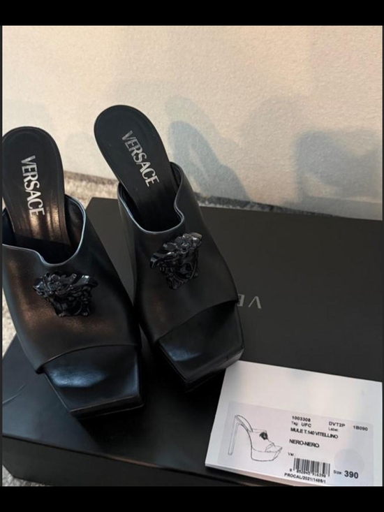 Versace Shoes - Versace Black Leather Medusa Platform Slide Mules